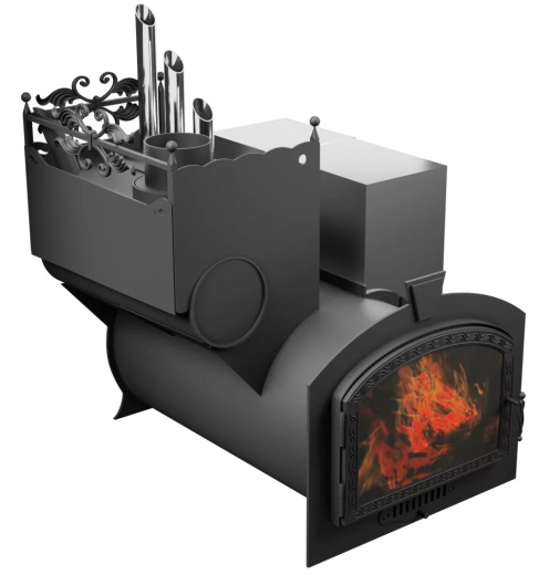 Печь Горыныч 3, каменка закрытая с парогенератором с левой стороны, большая дверь со стеклом фото в Екатеринбурге